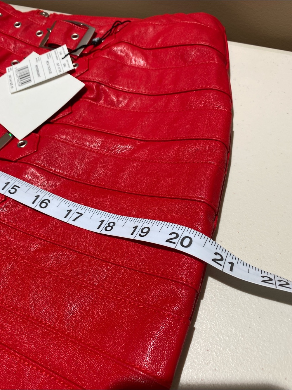 New Faux Leather Straight Mini Skirt Size 10 CherryRed Buckle Details Rocker - Picture 5 of 13